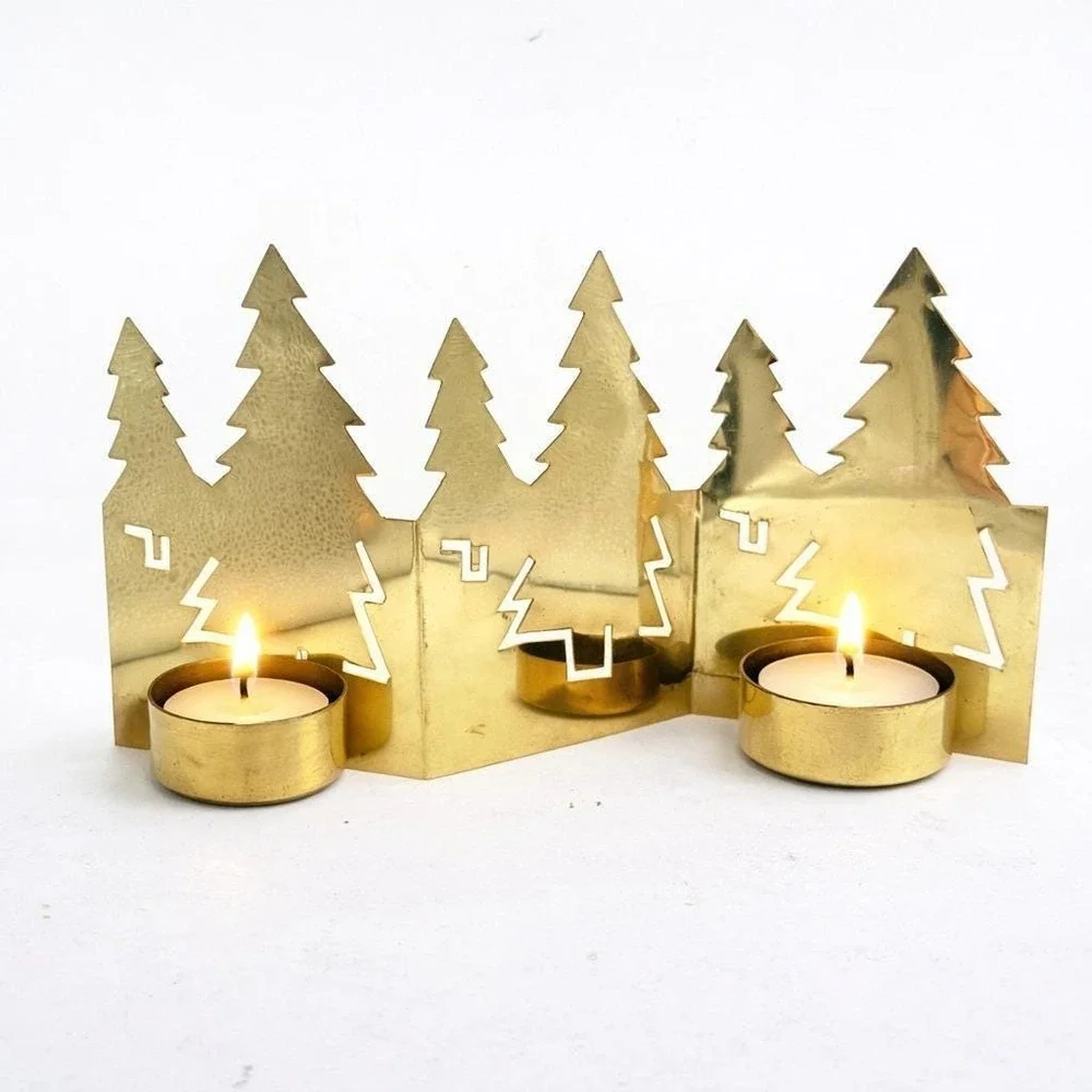 Crate & Barrel Brass Christmas Tree Votive Candle Holder Set of 3 Modern Minimal